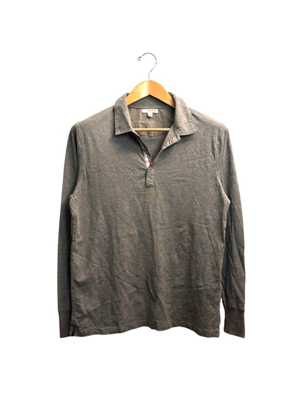 Burberry Brit Long Sleeve Polo Shirt L Contrast Nova Check Taupe Grey LS Preppy
